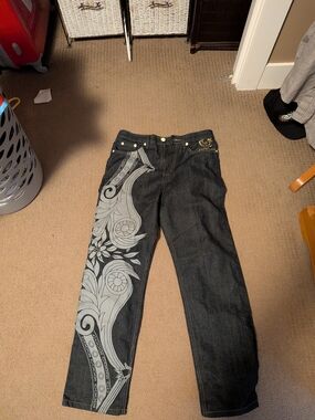 COOGI Men's Slim Straight Black Jeans with Gray Floral Print Rare
